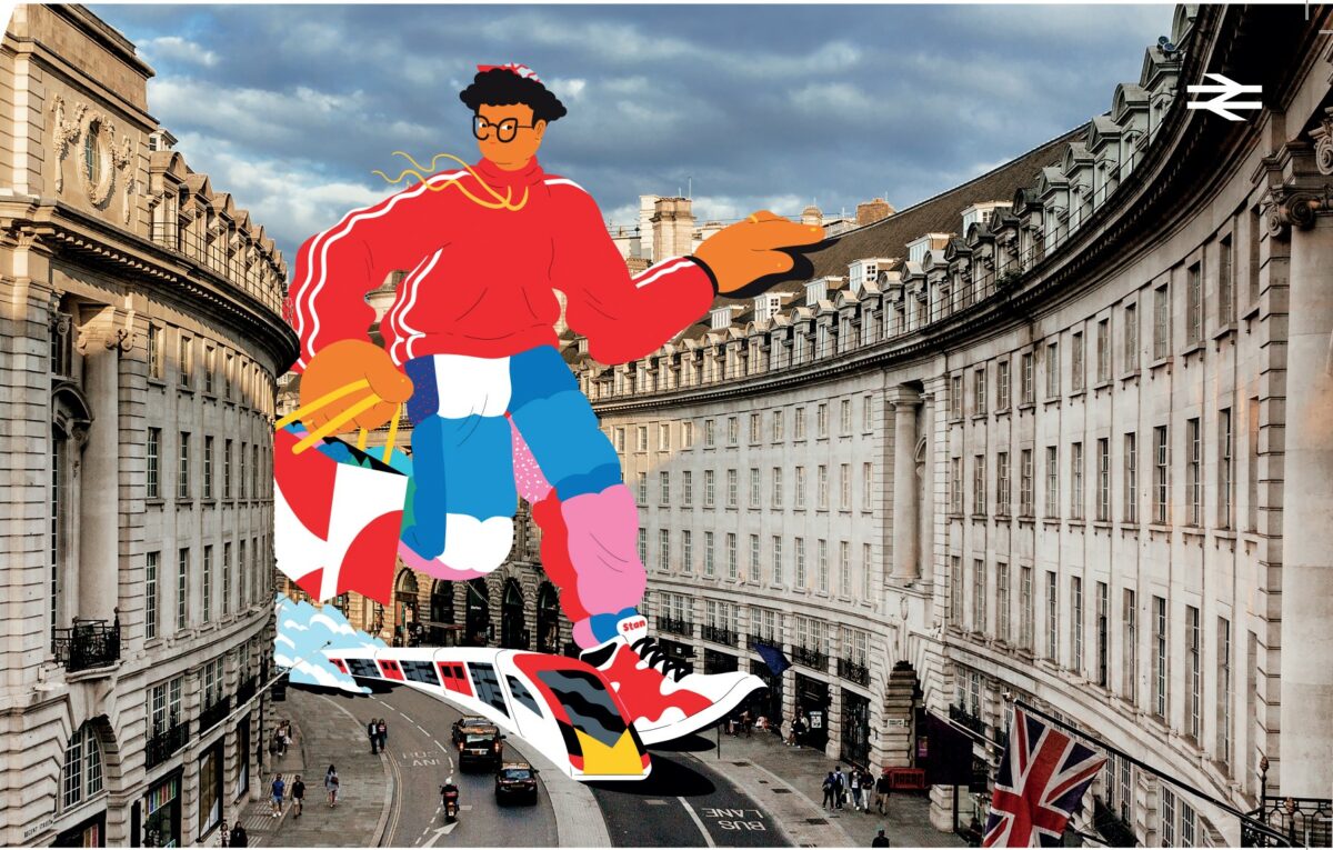Stansted Express launches new brand character, Stan, here pictured stepping over a central London road