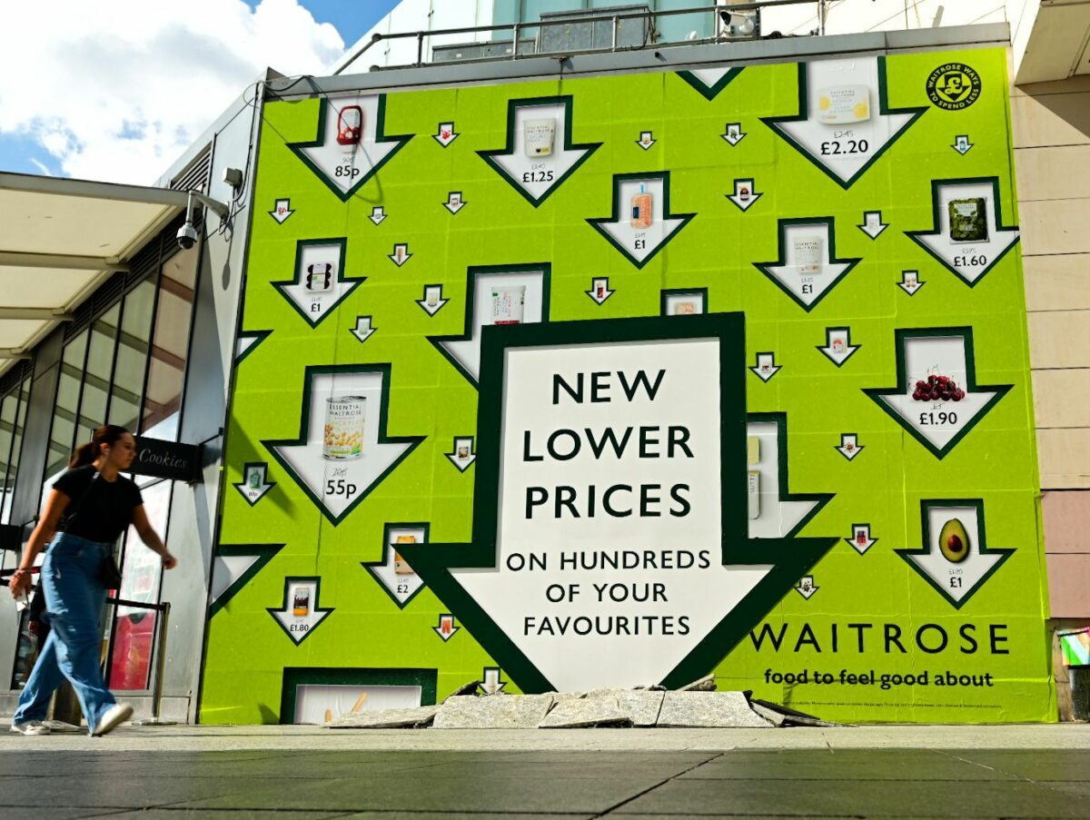 Waitrose' new 3D billboard is a vibrant green billboard that shows the supermarket's new price cuts