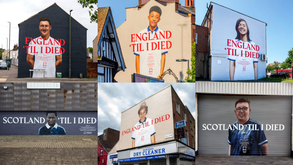 Carefully painted murals of England fans who died from heart disease, all young. Red writing atop the mural reads 'Til I died'. A touching mural from the British Heart Foundation, created with Saatchi & Saatchi, brings to light the young lives lost to heart disease ahead of the Euros this week.