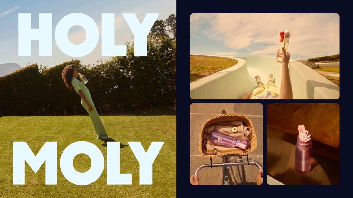 New Air Up brand refresh featuring pastel colours and slogans like "Holy Moly", with bicycles, green grass tapping into aspirational lifestyles. Air Up is unveiling its first rebrand since it launched in 2019, after it identified a need to further position the brand as part of an aspirational lifestyle.