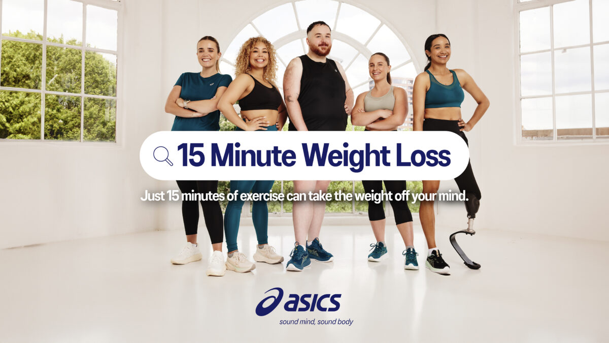 A group in Asics gear of different shapes and sizes stand confidently. Asics has launched a disruptive new campaign entitled '15 minute weight loss', which challenges the concept of a "quick fix".