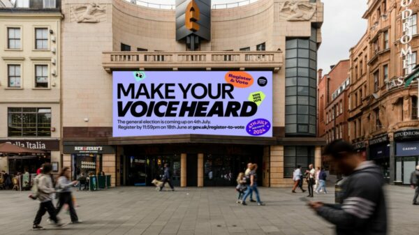 Spotify London OOH billboard featuring large 'Make Your Voice Heard' message. Spotify is aiming to help increase the youth vote by tapping into its Gen Z user based, in its latest campaign ahead of the General Election on 4 July.